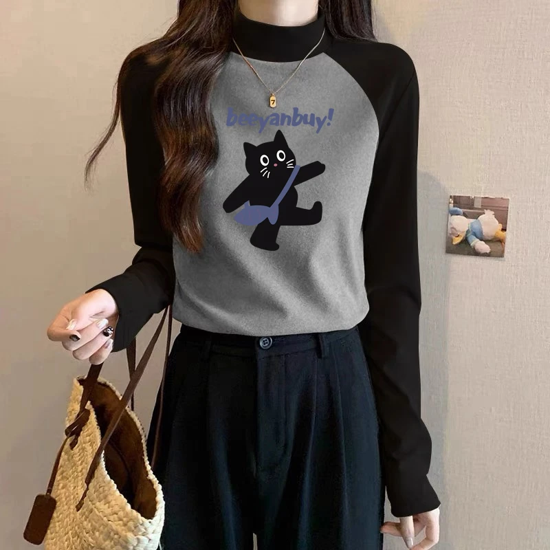 德绒加绒加厚保暖半高领长袖T恤女秋冬季磨毛内搭插肩上衣打底衫