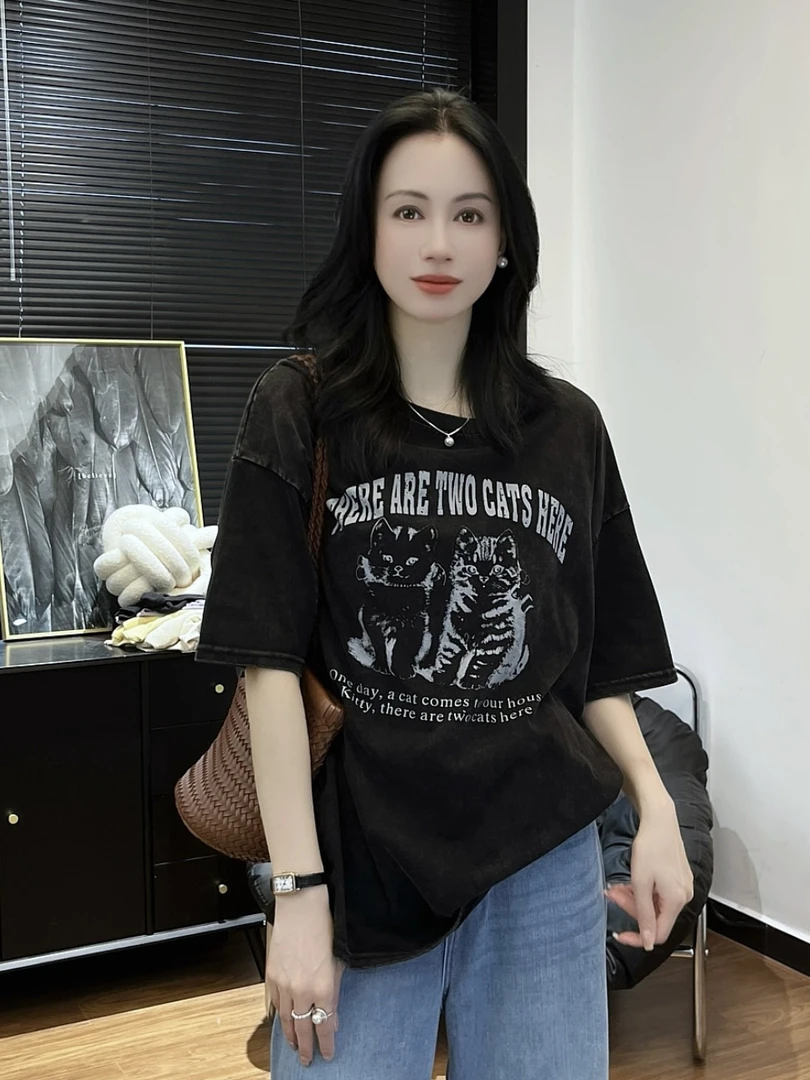 【Si&华严选】美式复古猫咪印花宽松慵懒风圆领短袖T恤半袖上衣7171