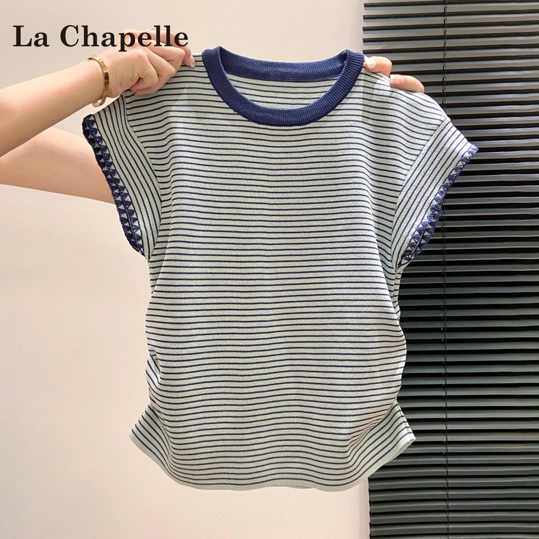拉夏贝尔蓝色圆领条纹短袖t恤女2025年夏季新款修身显瘦内搭上衣