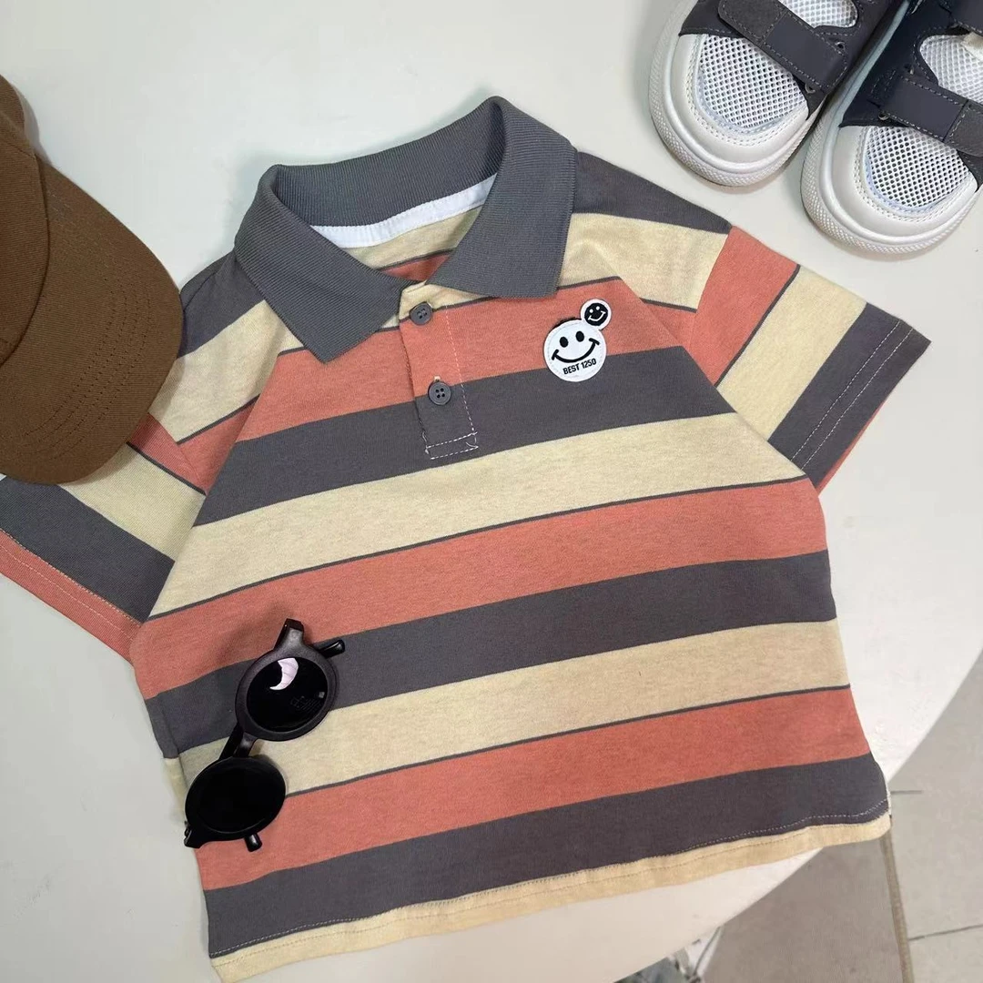 【开学季 20239】夏季薄款韩版中小童polo色织翻领短袖条纹宽条上衣