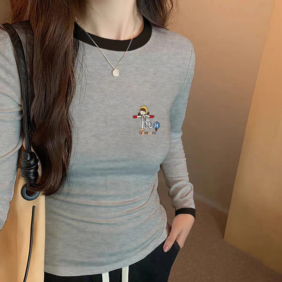 小众拼色设计感正肩长袖t恤女2025秋季新款时尚洋气显瘦休闲上衣