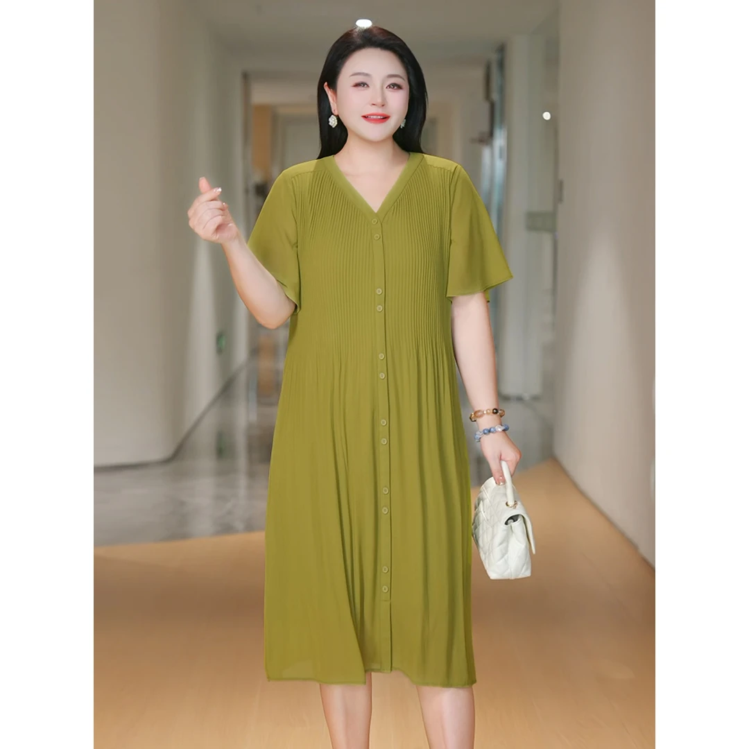 【珍珠雪纺】MsShe大码女装夏装气质V领垂感压褶连衣裙子A2506039