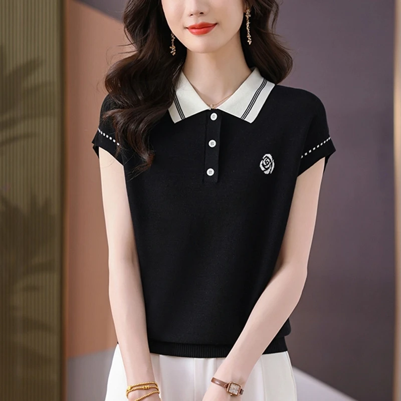 莱赛尔天丝凉爽短袖T恤女夏季新款气质翻领上衣百搭宽松显瘦薄款