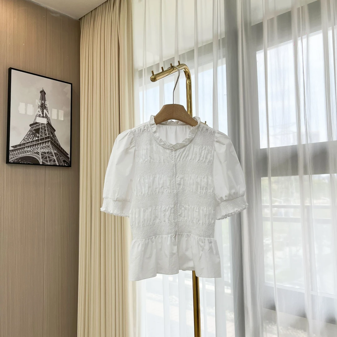 【宫廷风】泡泡气质白色袖褶皱收腰上衣-2436