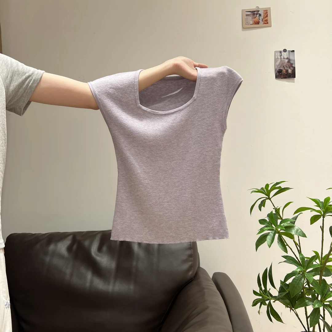 纯欲辣妹方领短袖T恤女2025夏季新款纯色设计感百搭修身显瘦上衣