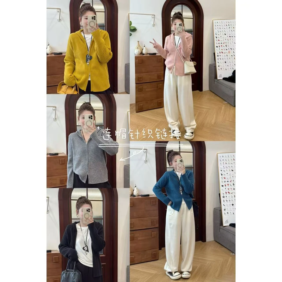 晶咕佳佳【彩虹热恋】连帽带拉链纯色针织上衣时尚休闲宽松开衫