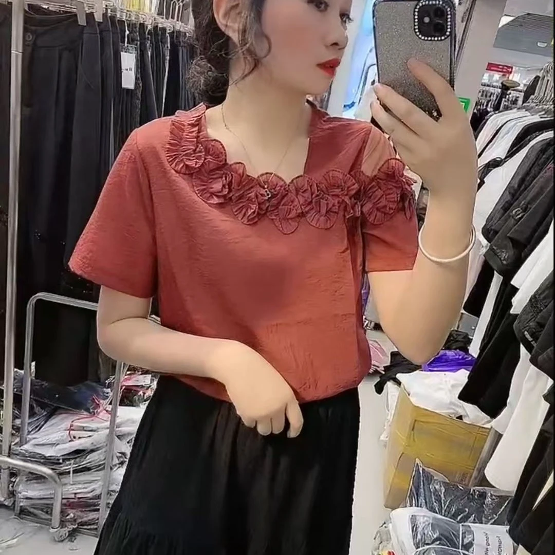 荷叶边薄款圆领拼接短袖宽松型大码衬衫夏季常规