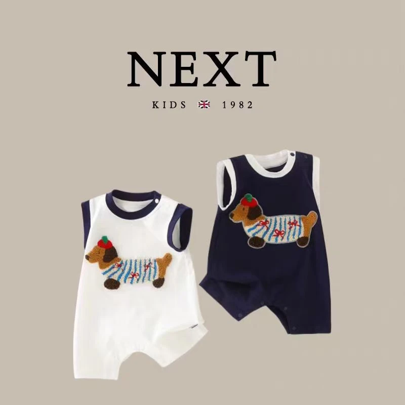 幼儿洋气短袖连体衣新生儿夏季无袖背心卡通包屁衣毛线狗夏哈衣