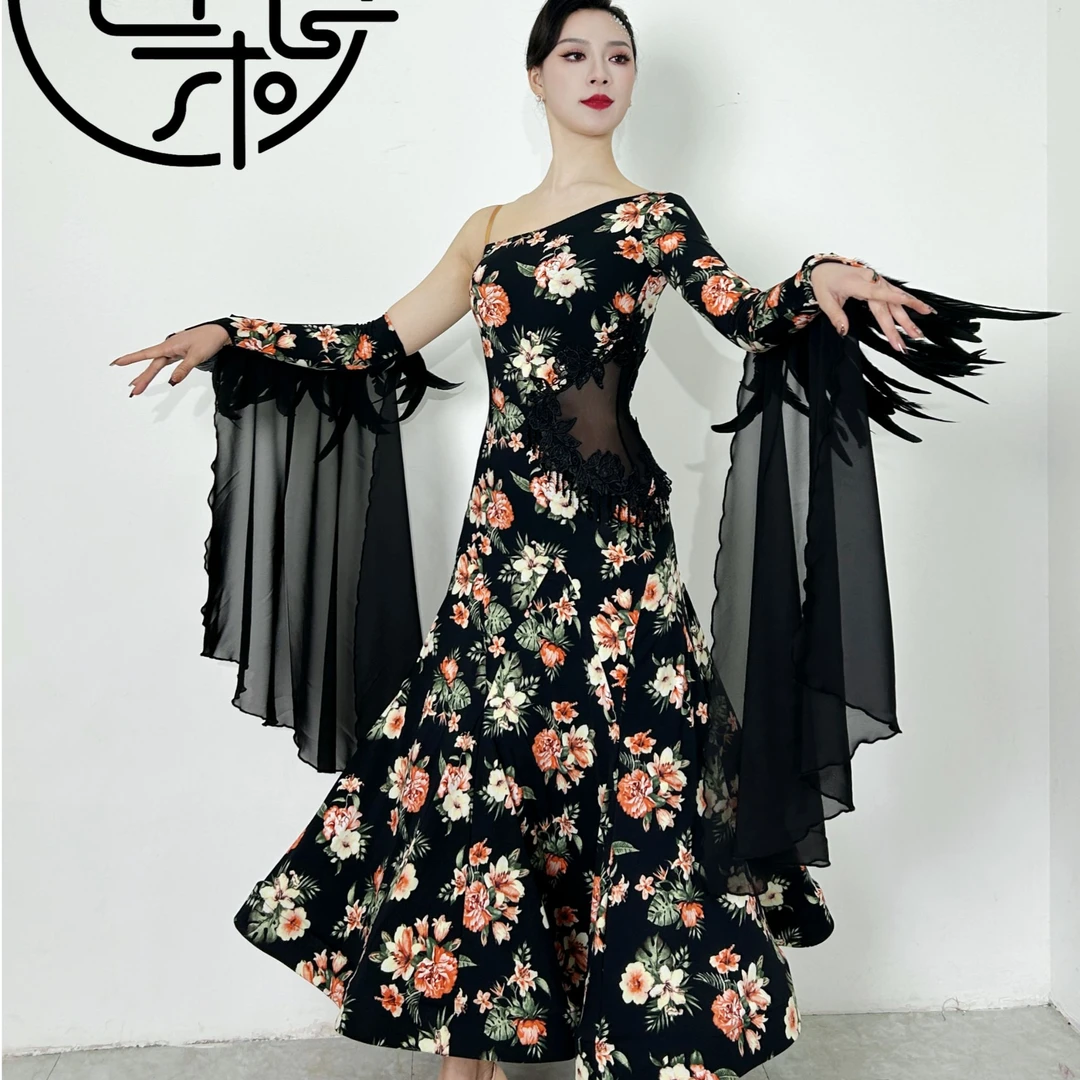 西朵舞服重工女士摩登舞表演裙火鸡毛印花时尚连衣裙XD610