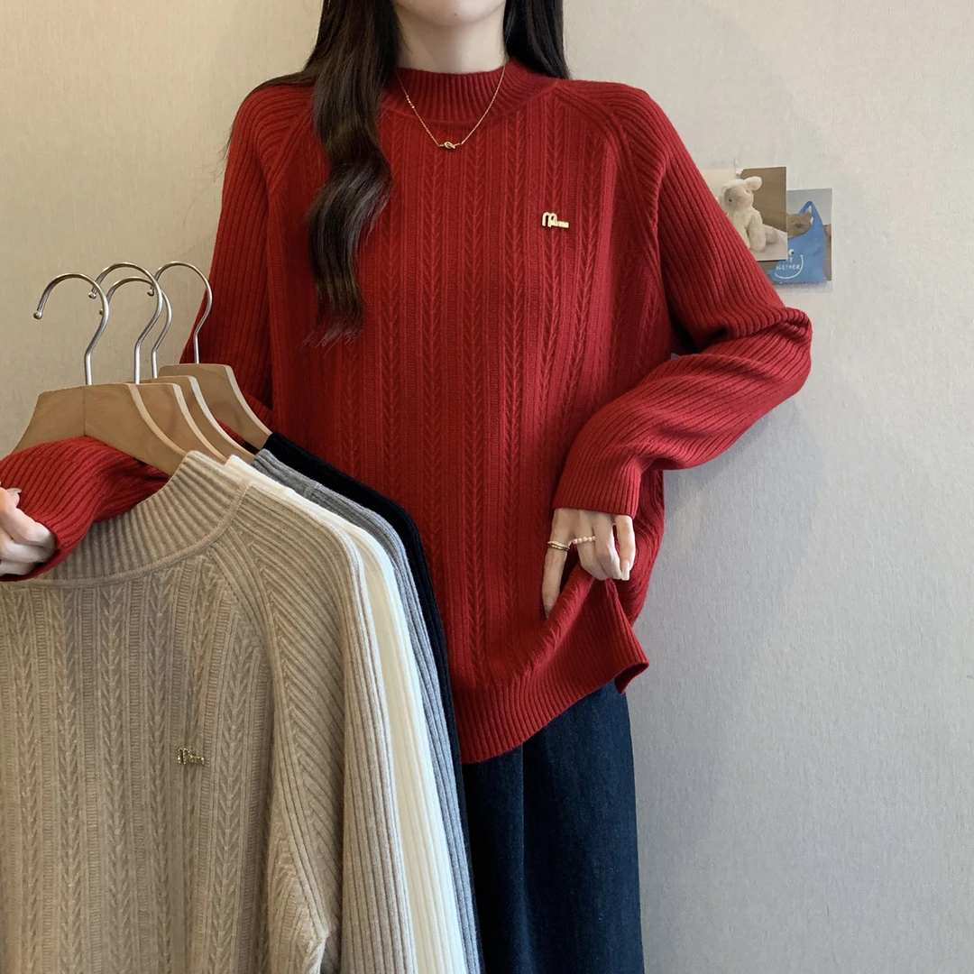 实拍大码女2025冬装新款半高领针织衫上衣胖mm加厚百搭毛衣打底衫