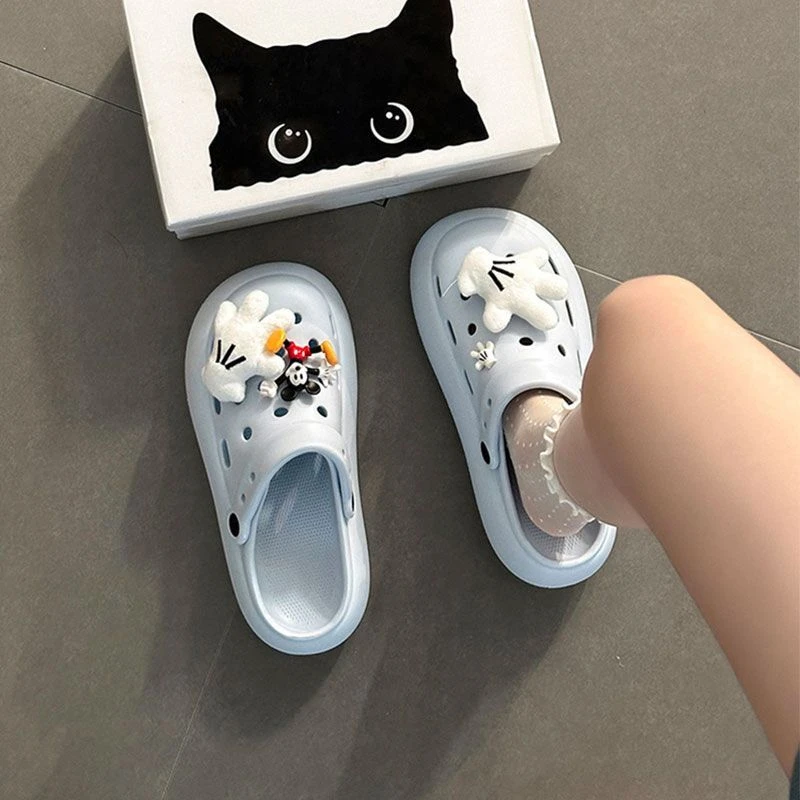 时尚百搭卡通两穿洞洞鞋女鞋2025新款外穿厚底包头凉鞋半拖鞋凉拖