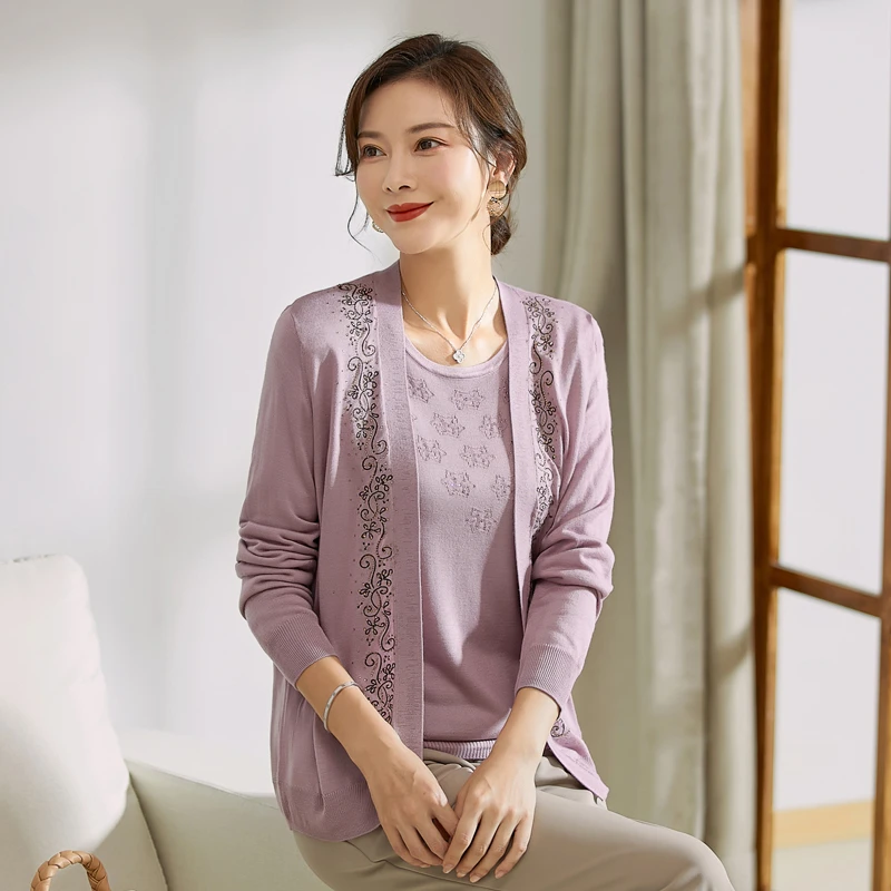 妈妈春夏短款针织两件套短袖毛衣长袖外套薄款上衣中老年女装洋气
