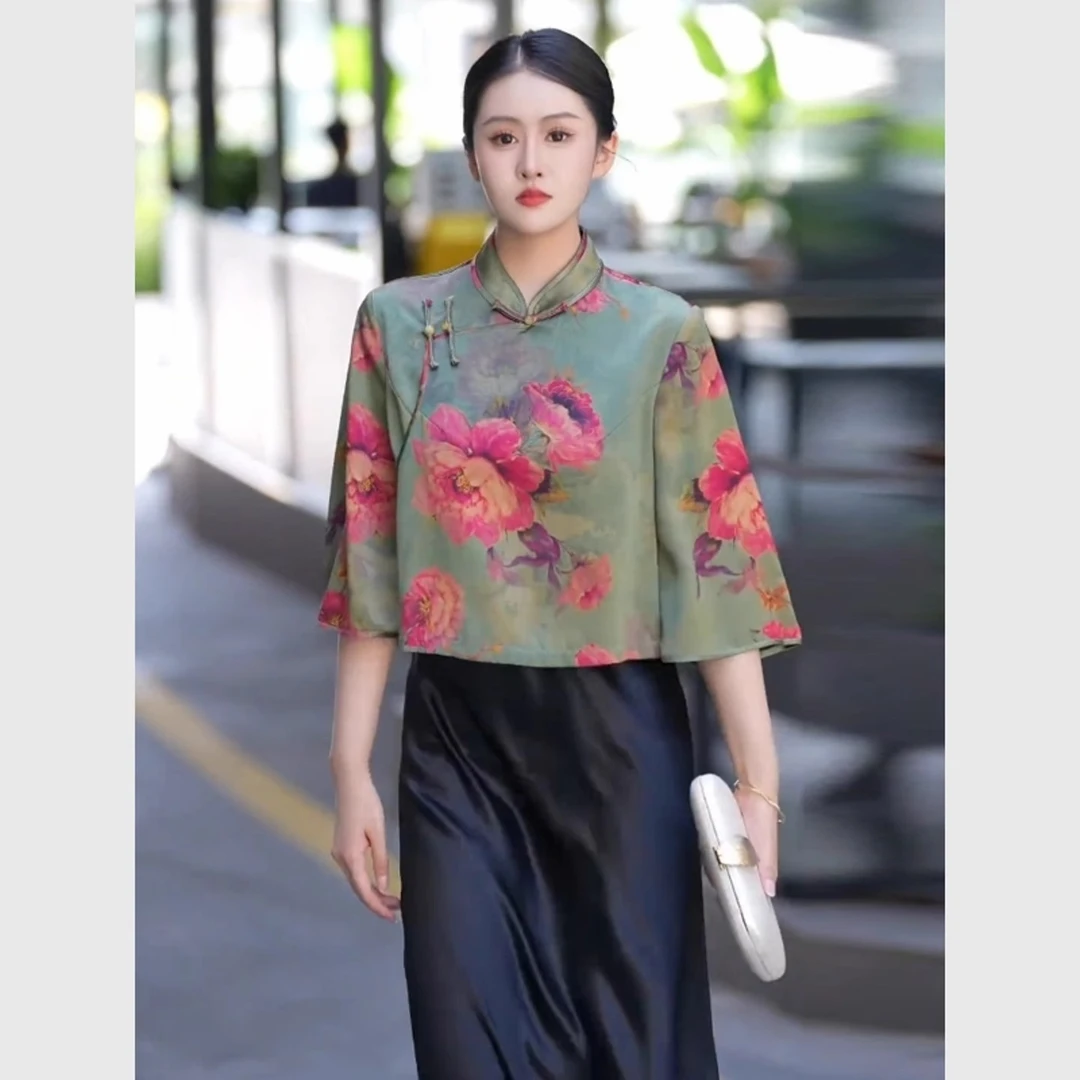 新中式国风女装绿色牡丹印花蝙蝠袖立领斜襟盘扣衬衫早秋外套上衣