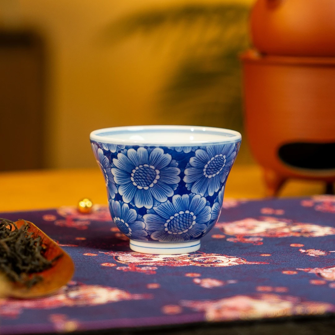 伴斤茶舍向日葵葫芦杯手工青花花纹釉下彩陶瓷小盖碗
