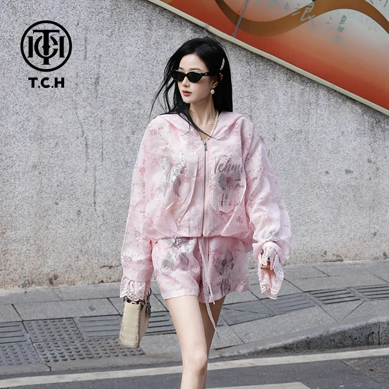 TCH现货烫钻工艺粉色时尚百搭短外套女T75A17E5009A轻奢tch