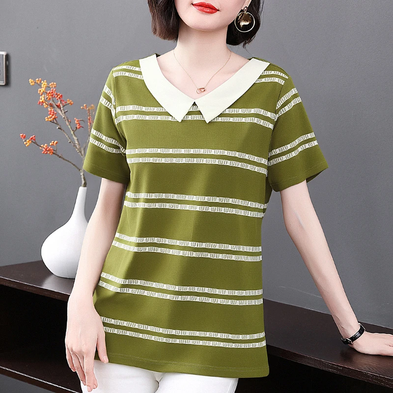 芳妮诗女士短袖t恤休闲polo衫2025新款夏季大码女装条纹翻领上衣
