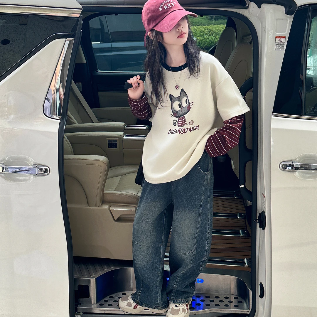 女童春秋假两件卫衣套装儿童卡通印花打底上衣弯刀牛仔裤两件套潮