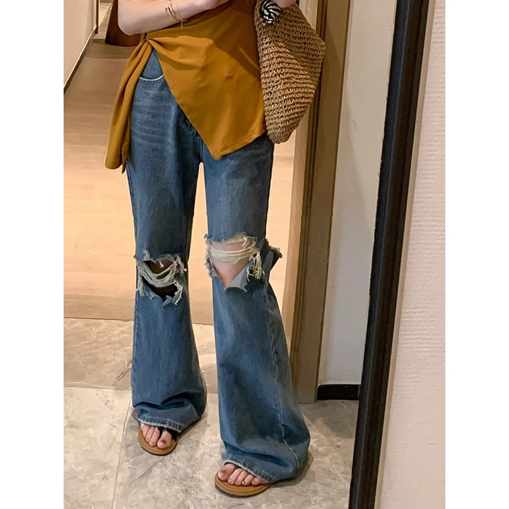 【小曹大码】蓝色设计感破洞牛仔裤春季新款高腰微喇裤长裤-FYQ8787