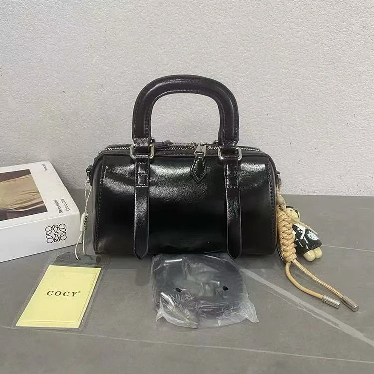 2025新款潮硬手柄手提波士顿包精致油蜡皮纯色单肩斜挎百搭8738