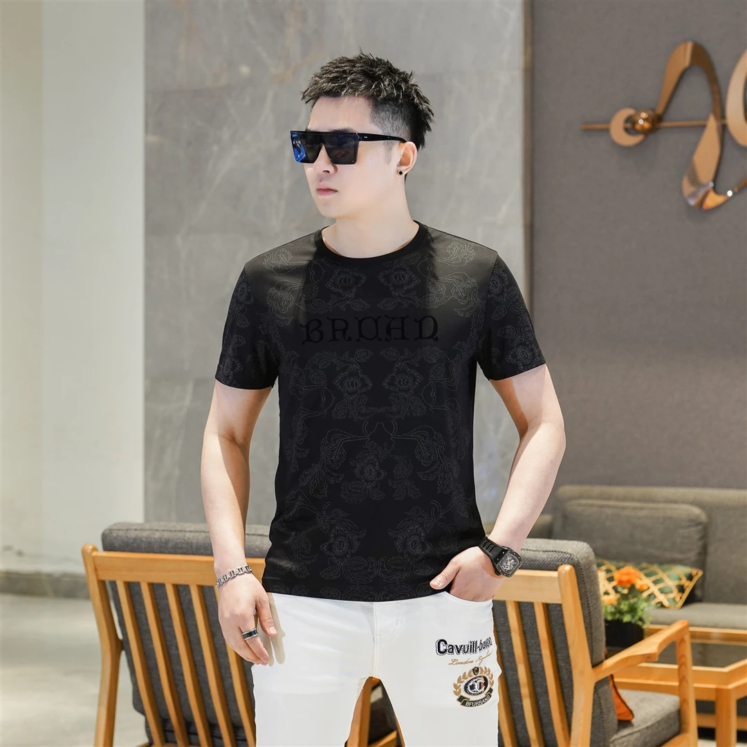 2025新款男士帅气商务时尚暗纹提花圆领短袖薄款T恤修身潮GL9828