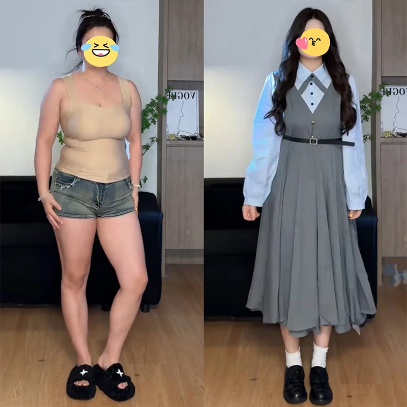 大码胖mm学院风减龄撞色衬衫假两件收腰时尚百搭西装连衣裙