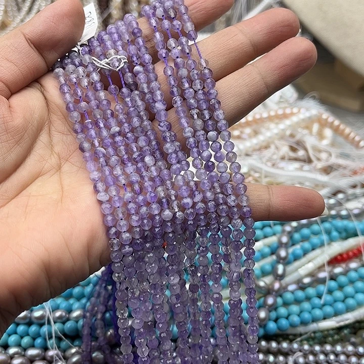 玛瑙/玉髓未镶嵌珠宝半成品一条4mm左右薰衣草紫晶刻面