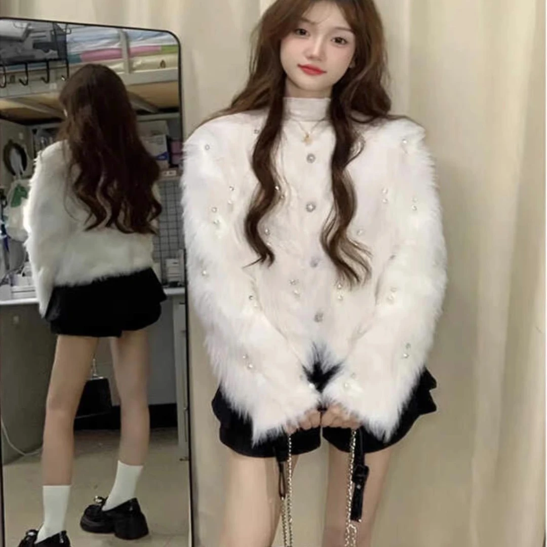 设计感珍珠扣满天星环保仿貂毛针织开衫外套毛衣女2025年秋冬新款