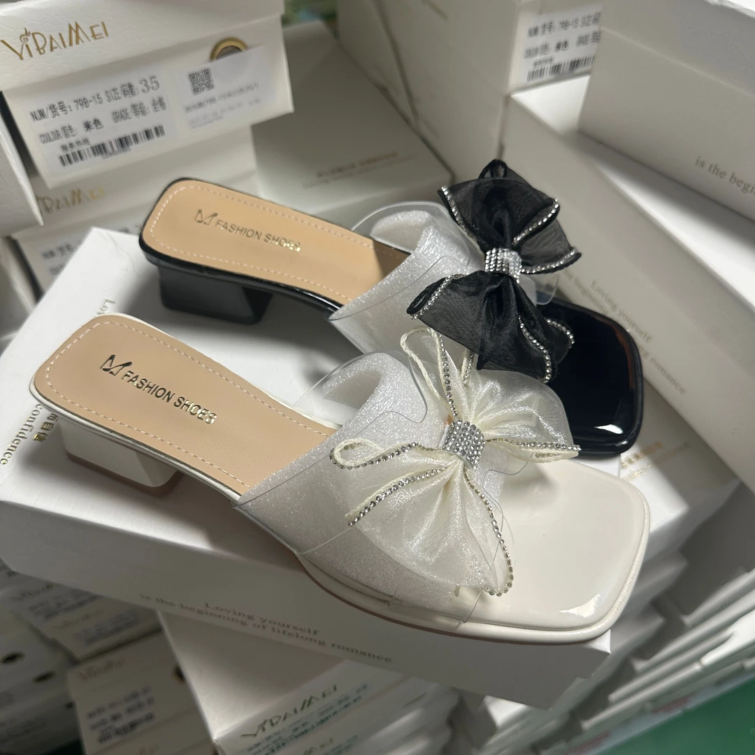 夏季厚底新款粗跟蝴蝶结拖鞋女