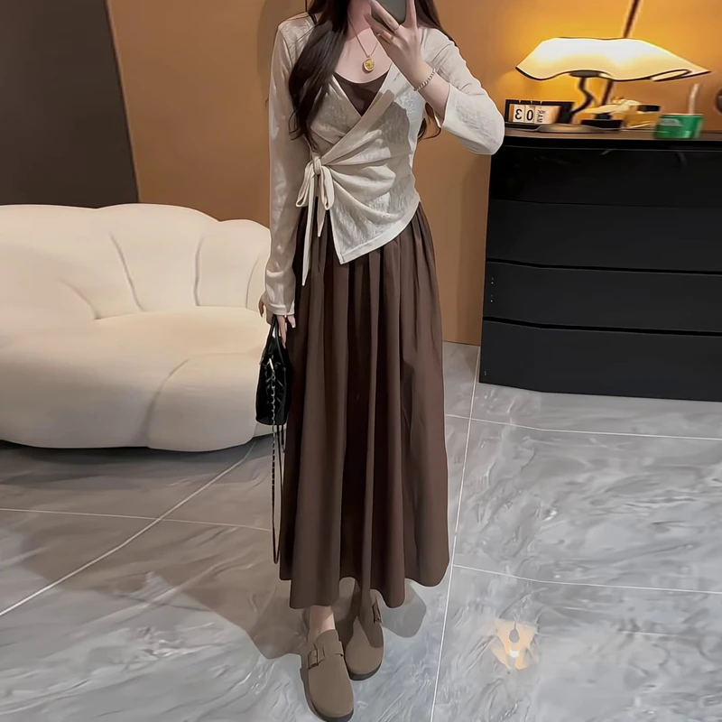 韩系大码女装吊带时尚套装裙秋季法式针织两件套长袖优雅淑女风