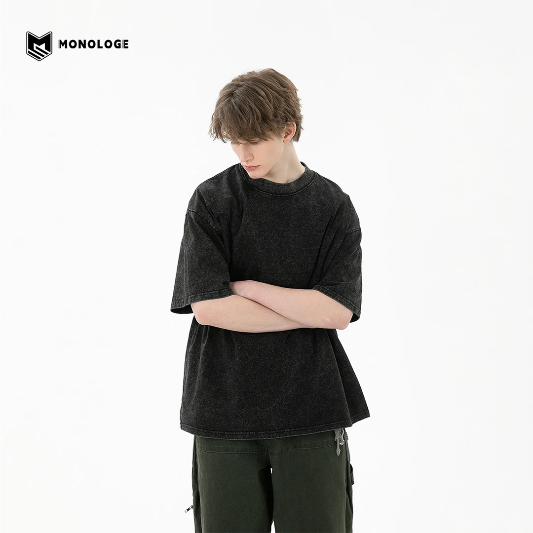MONOLOGE重磅270g短袖T恤男潮牌宽松复古水洗纯色半袖ins百搭中袖
