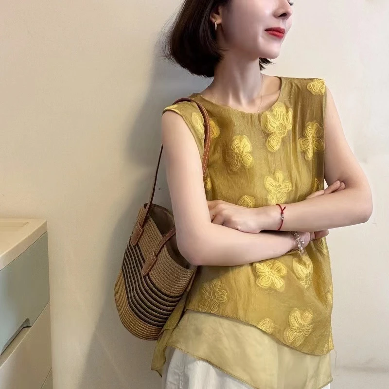 超好看轻奢欧根纱提花无袖背心上衣女