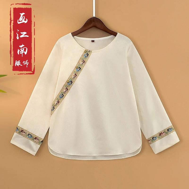 【雪姬】春季2025新款上衣小衫女装新中式国风圆领亮片绣花长袖衬衫