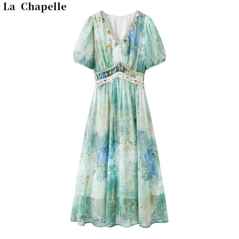 La Chapelle/拉夏贝尔6030时尚百搭通勤花园风碎花短袖收腰连衣裙