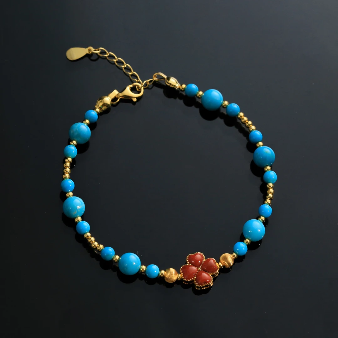 【安曼博】S925银绿松石美松四叶花手链 小约3mm 大约6mm