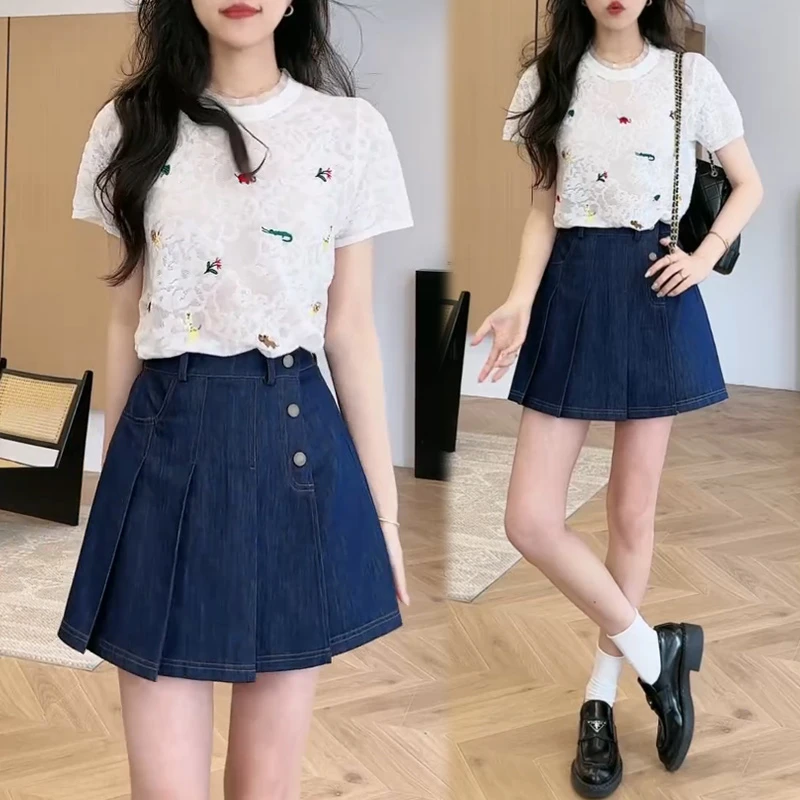 复古港风套装女2025夏季新款钩花短袖t恤显瘦牛仔半身裙裤两件套