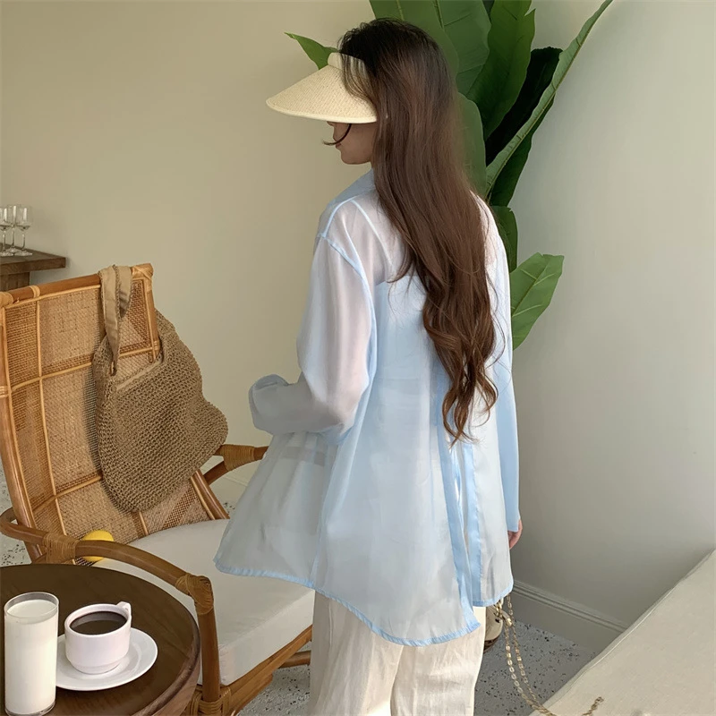 背开珠雪防衬衫上衣夏季薄款外搭空调衫透防晒衬衣外