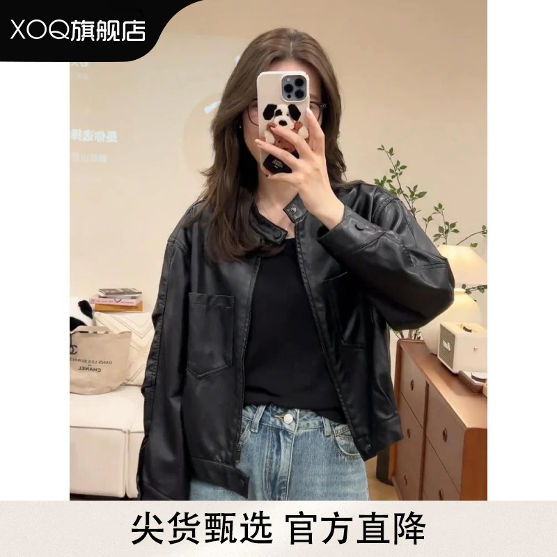 XOQ官方短款皮衣外套女士2025春秋新款小个子PU皮宽松机车服上衣