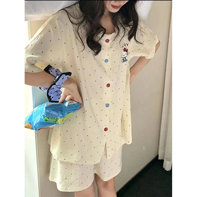 波点KT猫睡衣女夏季云朵棉薄款短袖短裤两件套蕾丝花边家居服套装