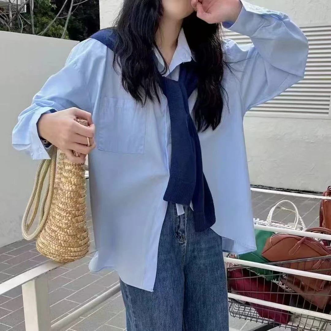 2025年春季新款韩版chic通勤宽松百搭纯色中长款翻领衬衫配披肩女