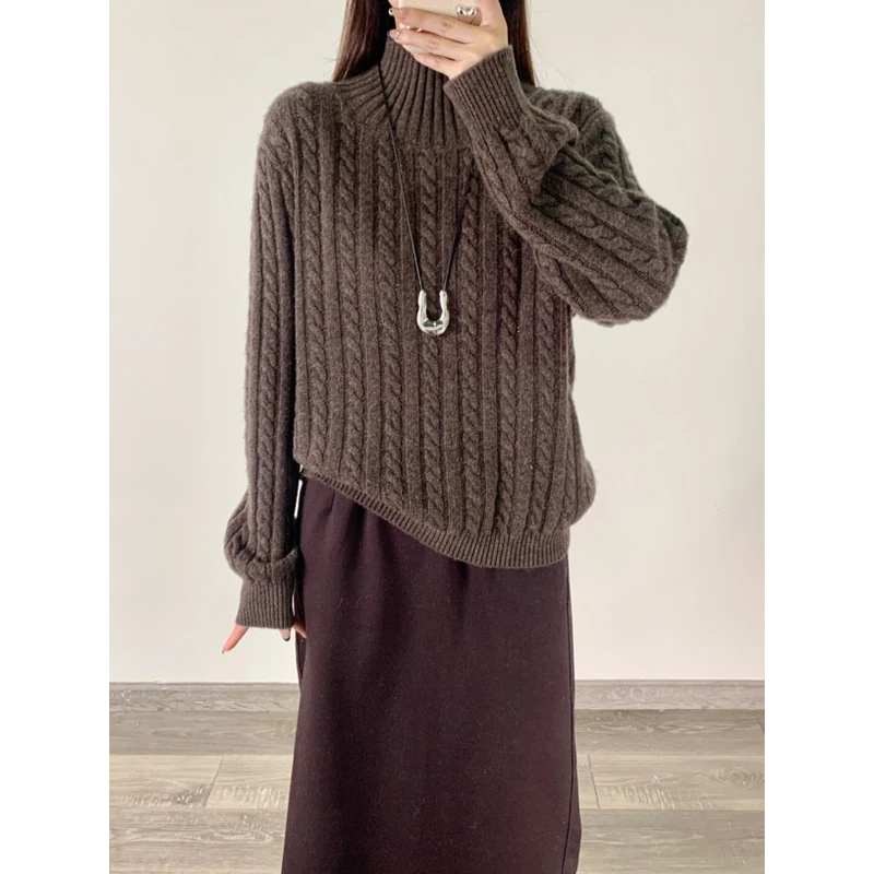 【川白】秋冬新款时尚高领绞花简约纯色针织套头衫-