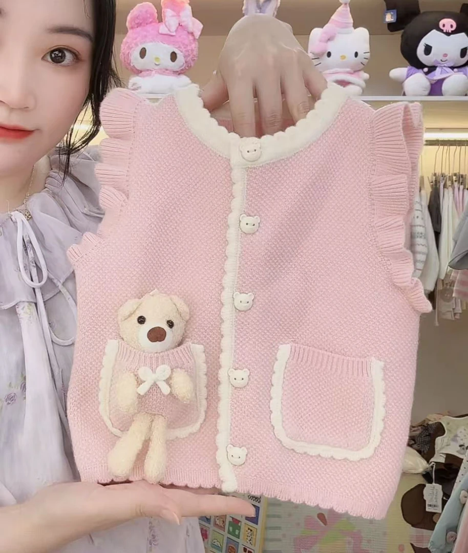 【谷谷家】粉色小熊马甲毛衣