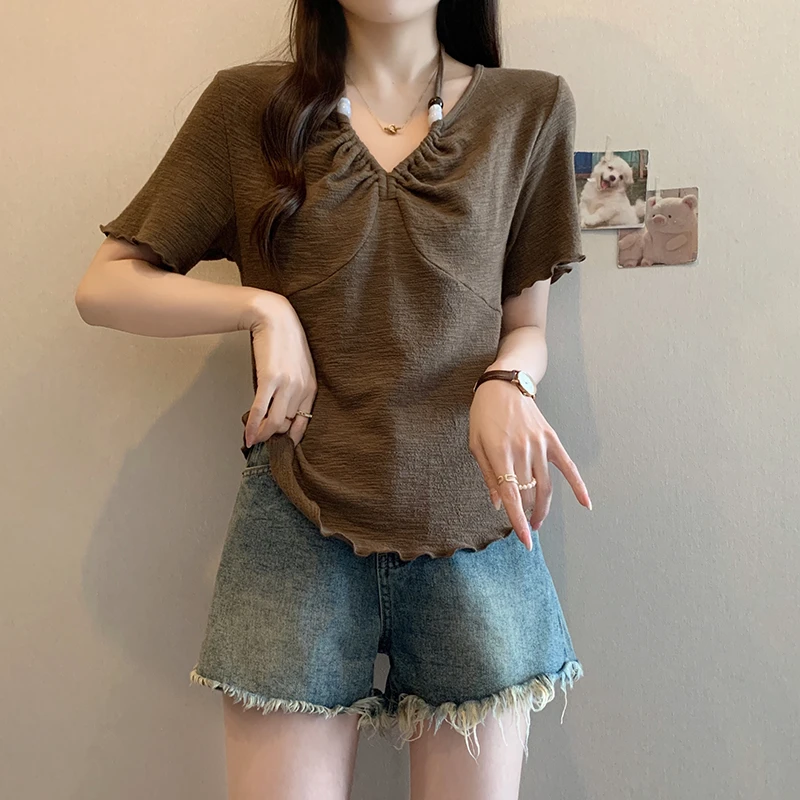 【运费补贴】夏款胖mm大码女甜美设计感串珠挂脖木耳边短袖T恤A1331