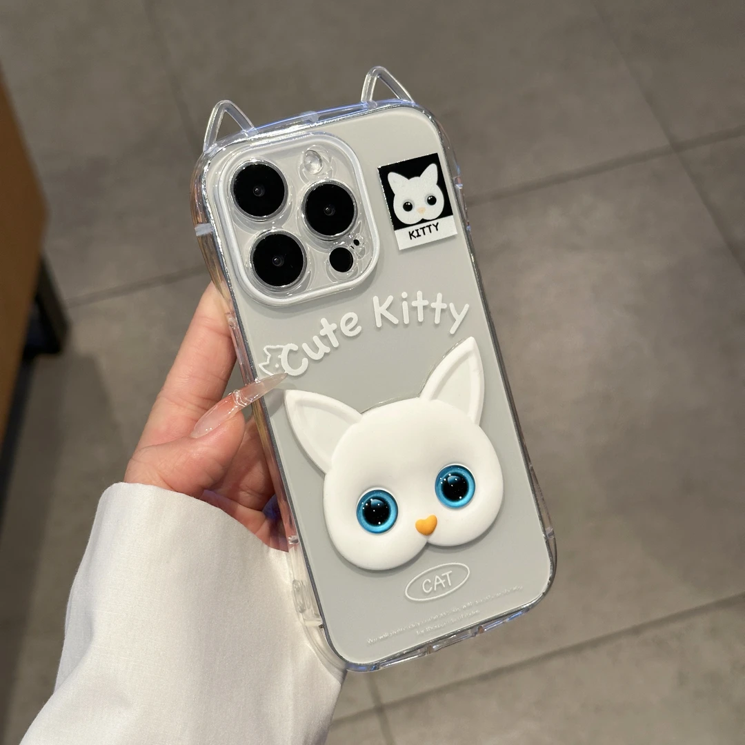 奥菲顿蓝眼白猫立体贴件适用iPhone16/15苹果14猫耳朵手机壳13/12