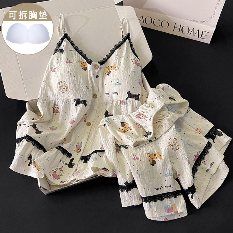 黑色蕾丝花边睡衣女款夏季带胸垫卡通吊带短裤可爱小狗家居服套装