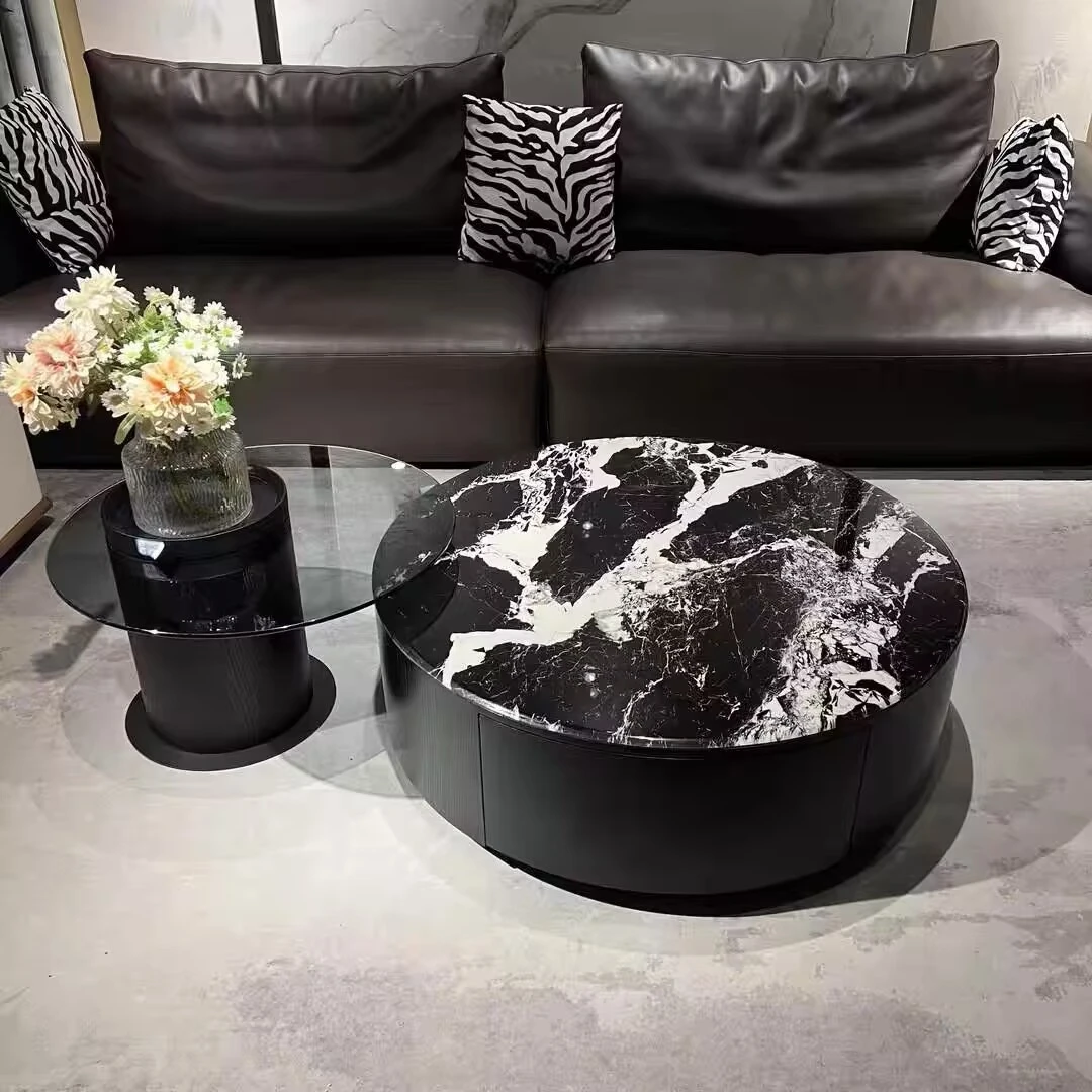 现代简约圆形茶几组合意式轻奢客厅家用大理石实木茶几黑色储物