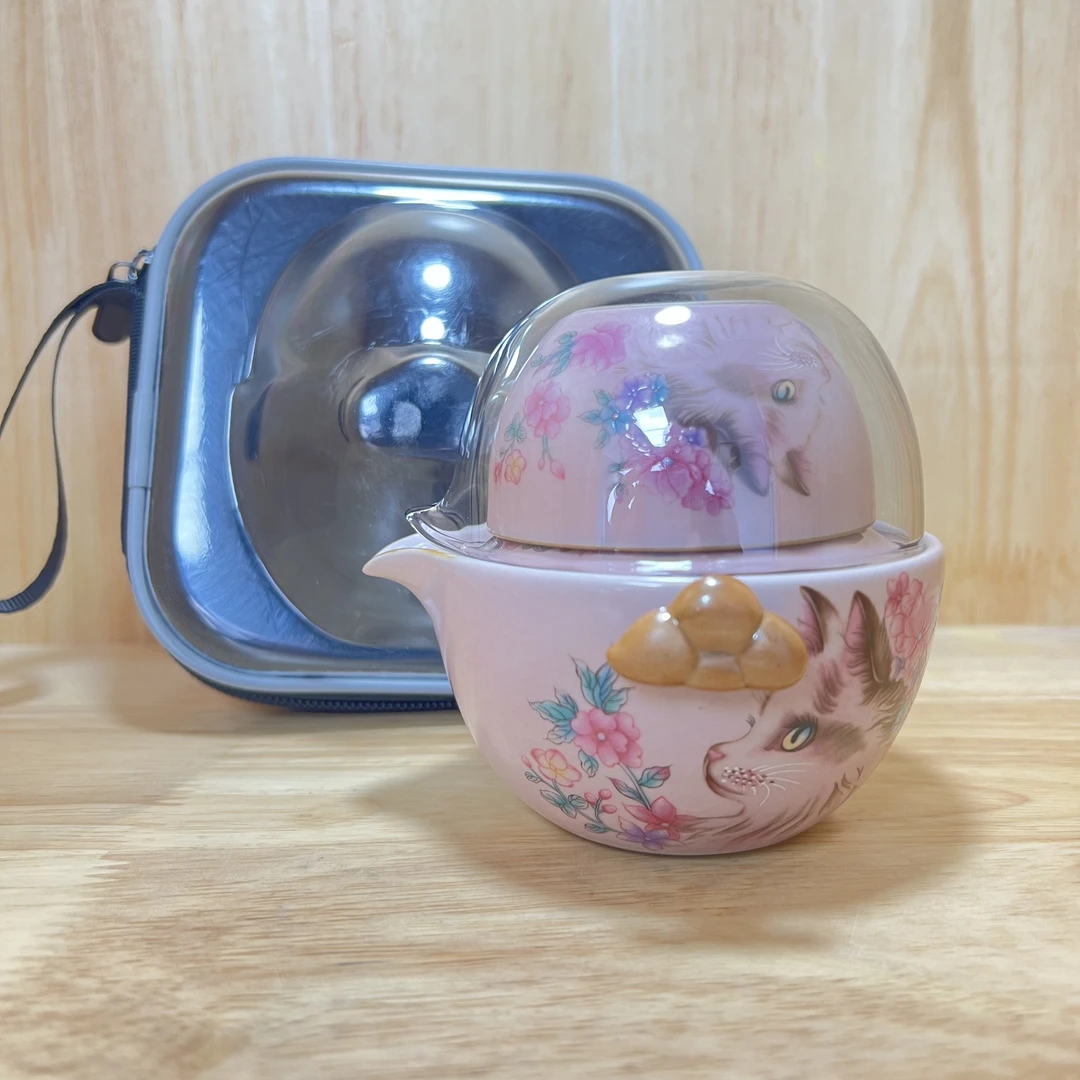 粉汝【花朵猫】快客杯旅行茶具  C0853