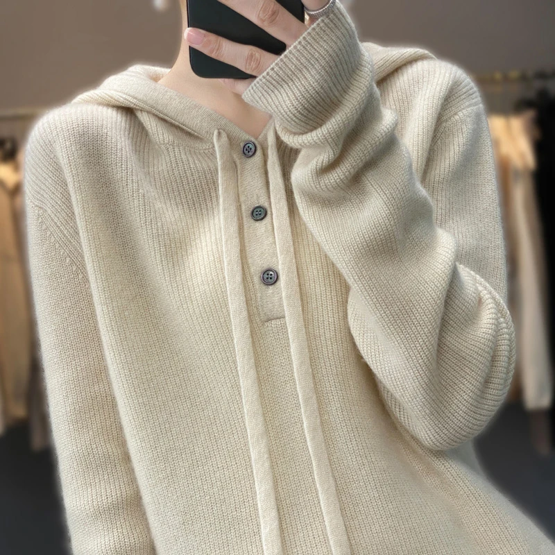 鄂尔多斯市加厚羊绒衫女秋冬新款纽扣休闲百搭保暖针织连帽卫衣