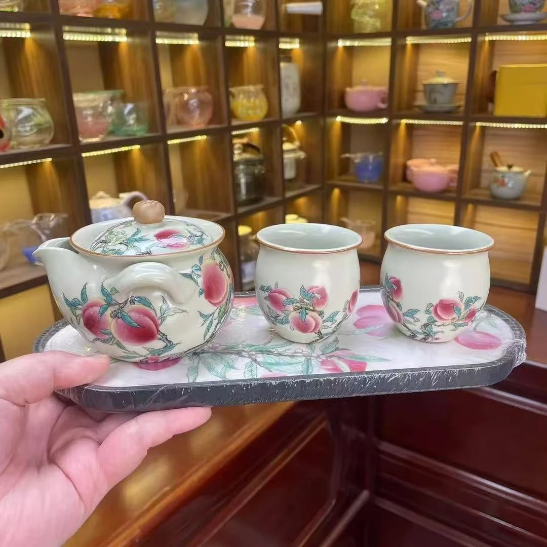 九桃1宝瓶2圆肚杯+棕色皮包+九桃盘1391家用陶瓷汝窑