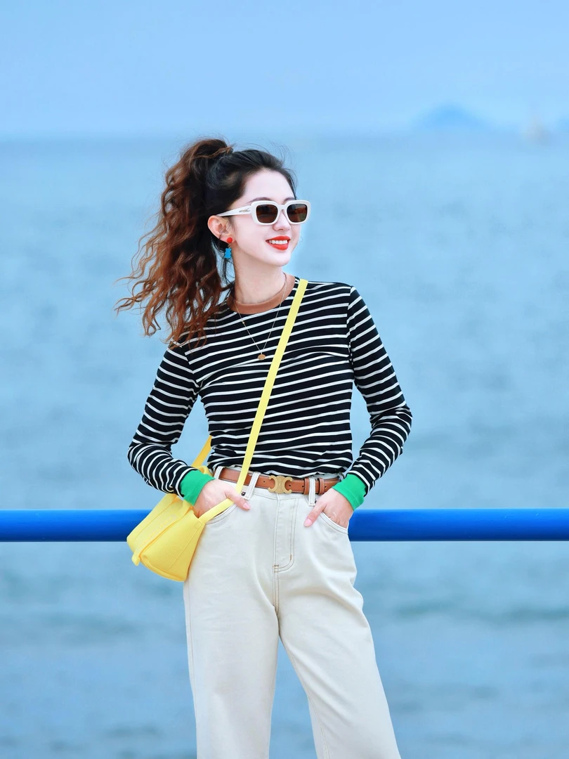 【条纹格序】气质ins风时尚条纹设计感上衣打底衫直筒牛仔裤套装