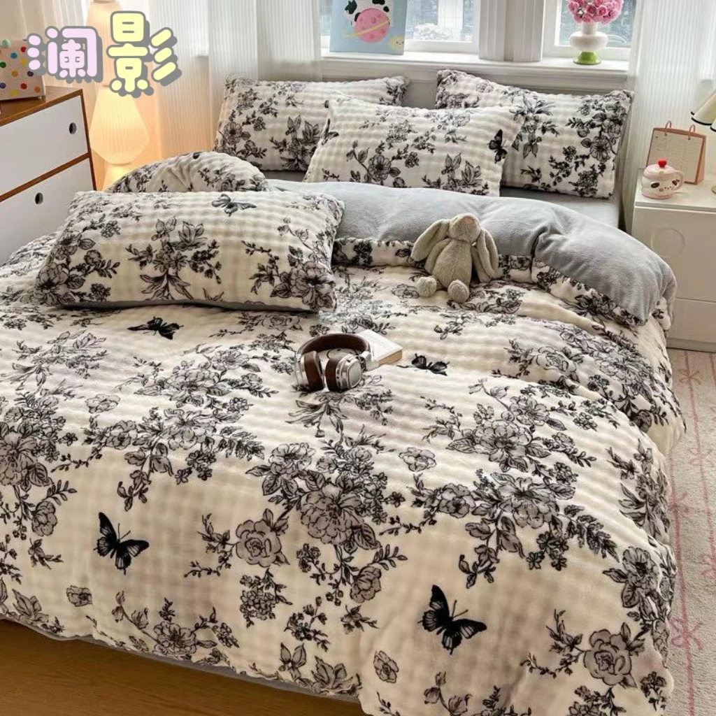 【福运鸟】泡泡绒加厚四件套 枕套一对床单被套秋冬季加绒四件套